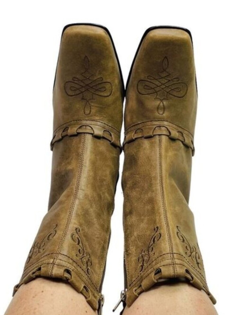 ROPER COOL Tan Suede LEATHER Lace Heels WESTERN Rustic COUNTRY ZIPS Boots 8.5M